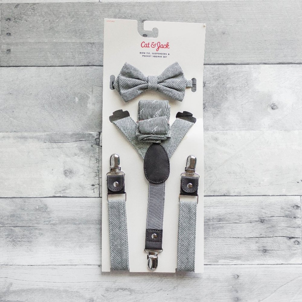 Cat & Jack Bow Tie Suspender Light Gray Set NWT